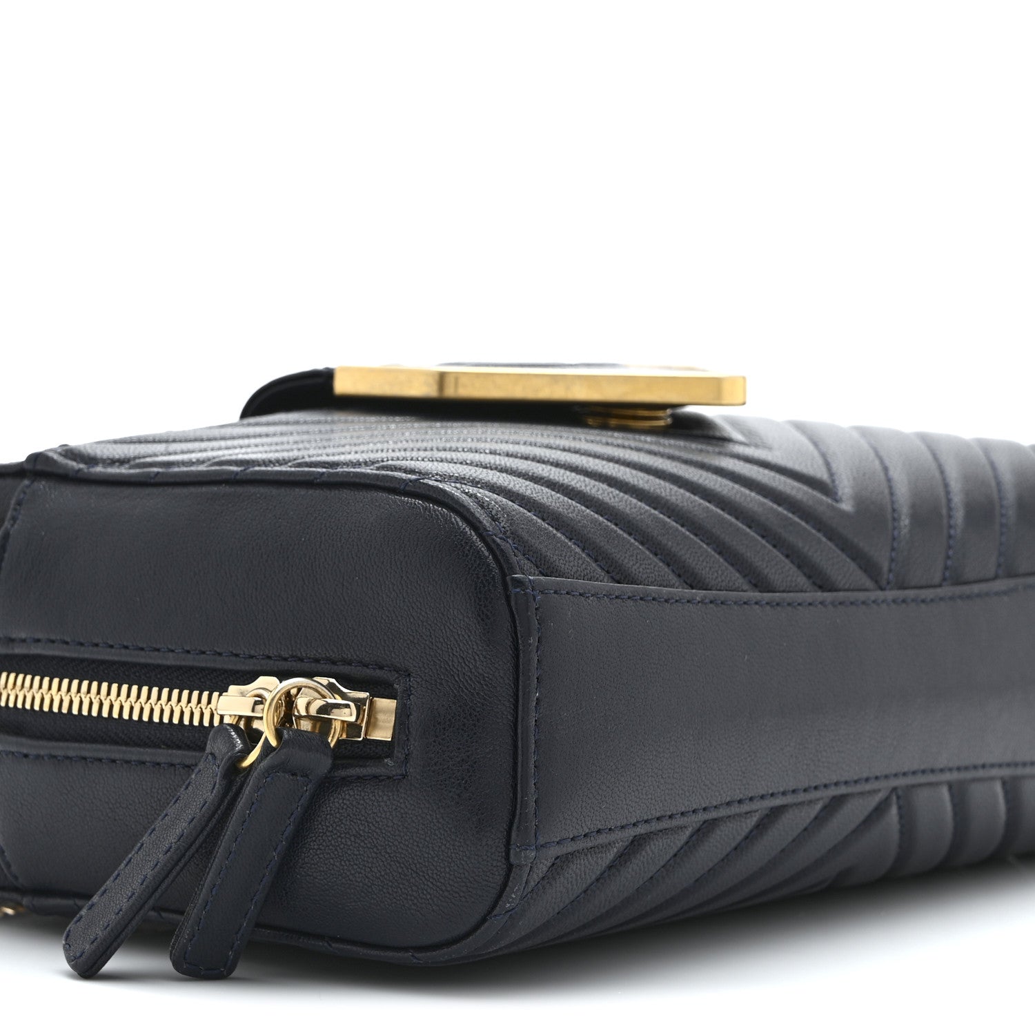 Chanel Shiny Sheepskin Chevron Quilted  Collar and Tie Camera Case Navy 9 of 10