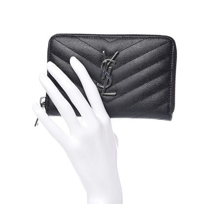 Saint Laurent Grain De Poudre Matelasse Chevron Monogram Zip Around Wallet Black 2 of 9