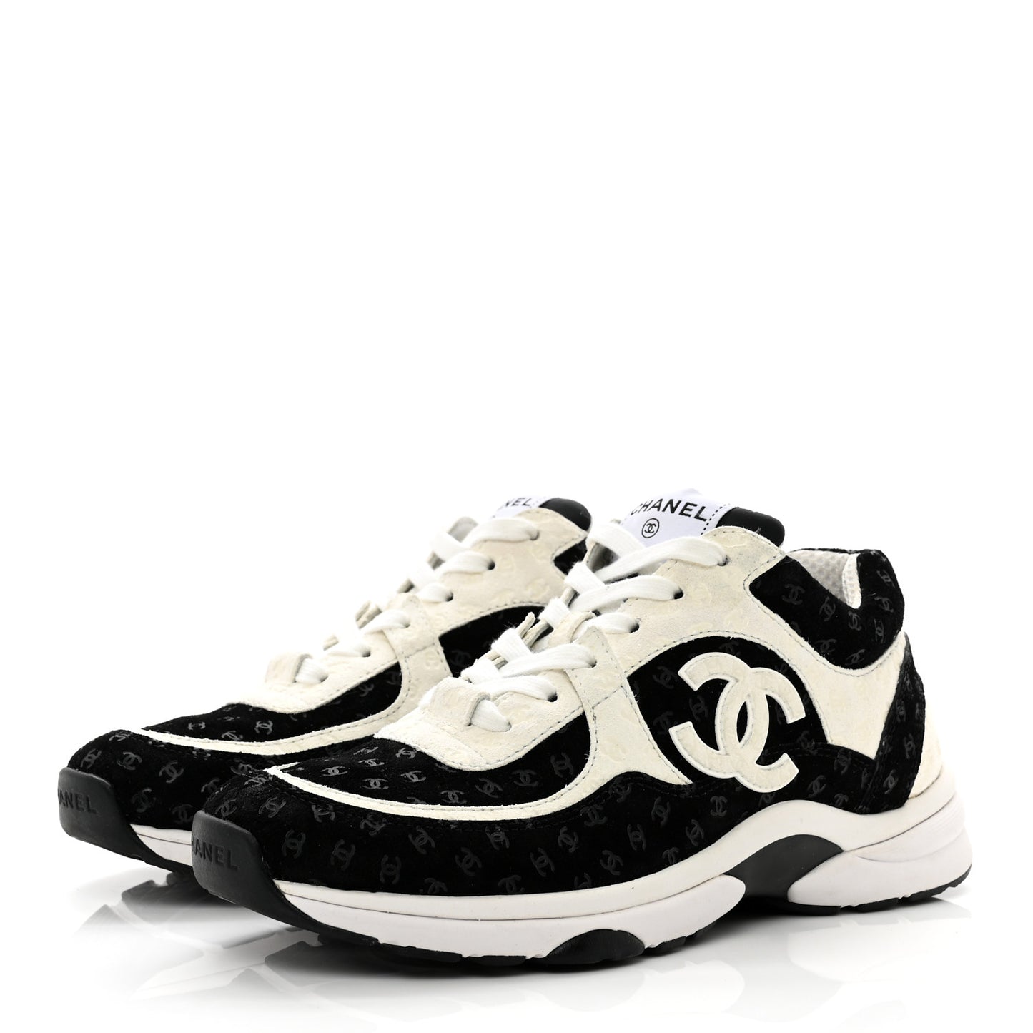 Nylon Suede Calfskin Printed CC Sneakers 38.5 White Black