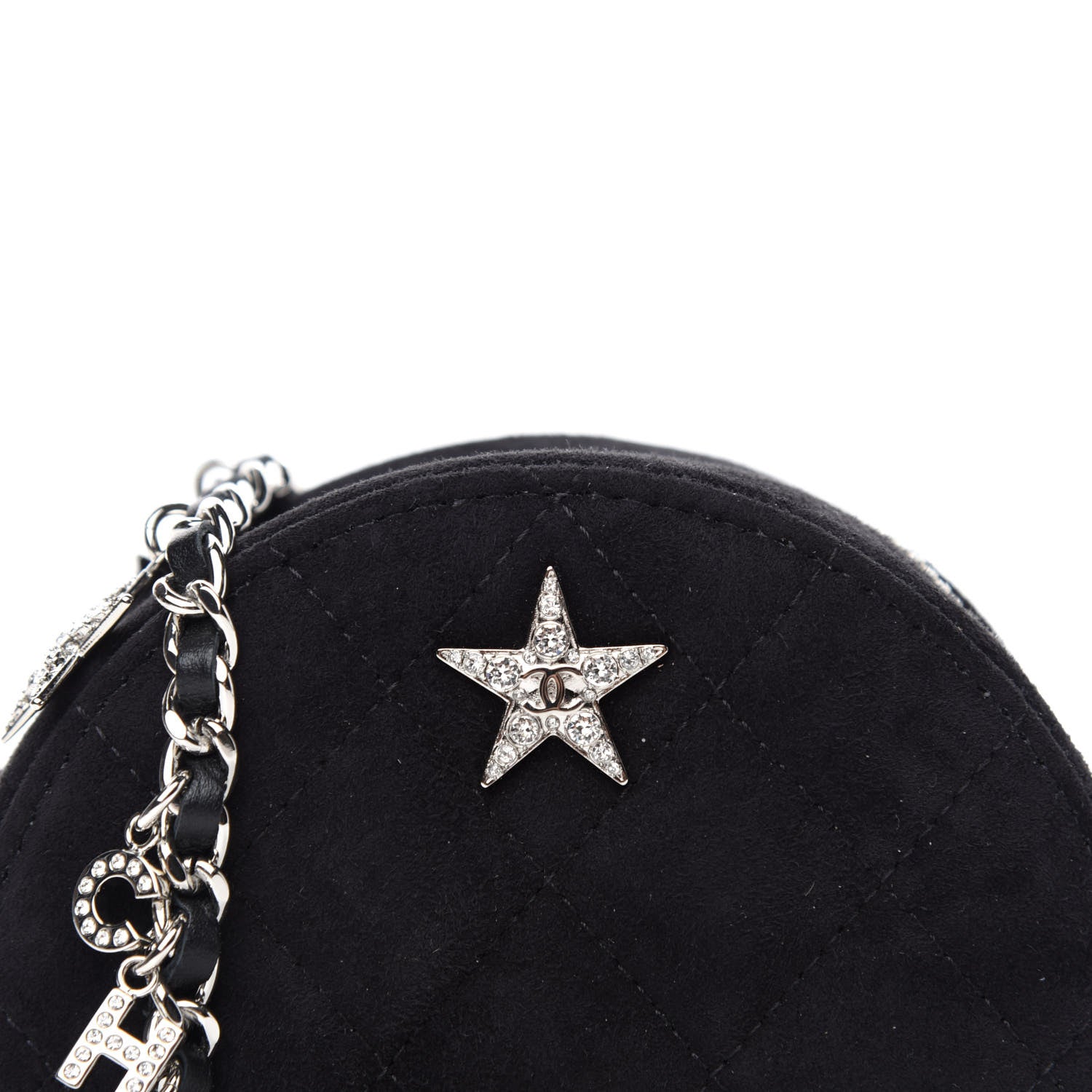 Chanel Suede Quilted Crystal Round Clutch With Logo Chain Black 11 of 11