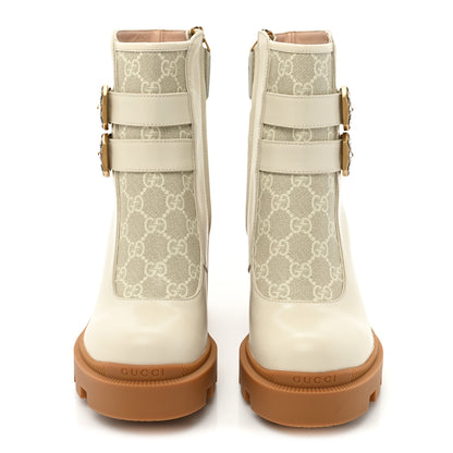 Gucci Kensington Calfskin Nappa GG Supreme Monogram Womens Double Buckle Ankle Boots 36 Mystic White Beige 2 of 10