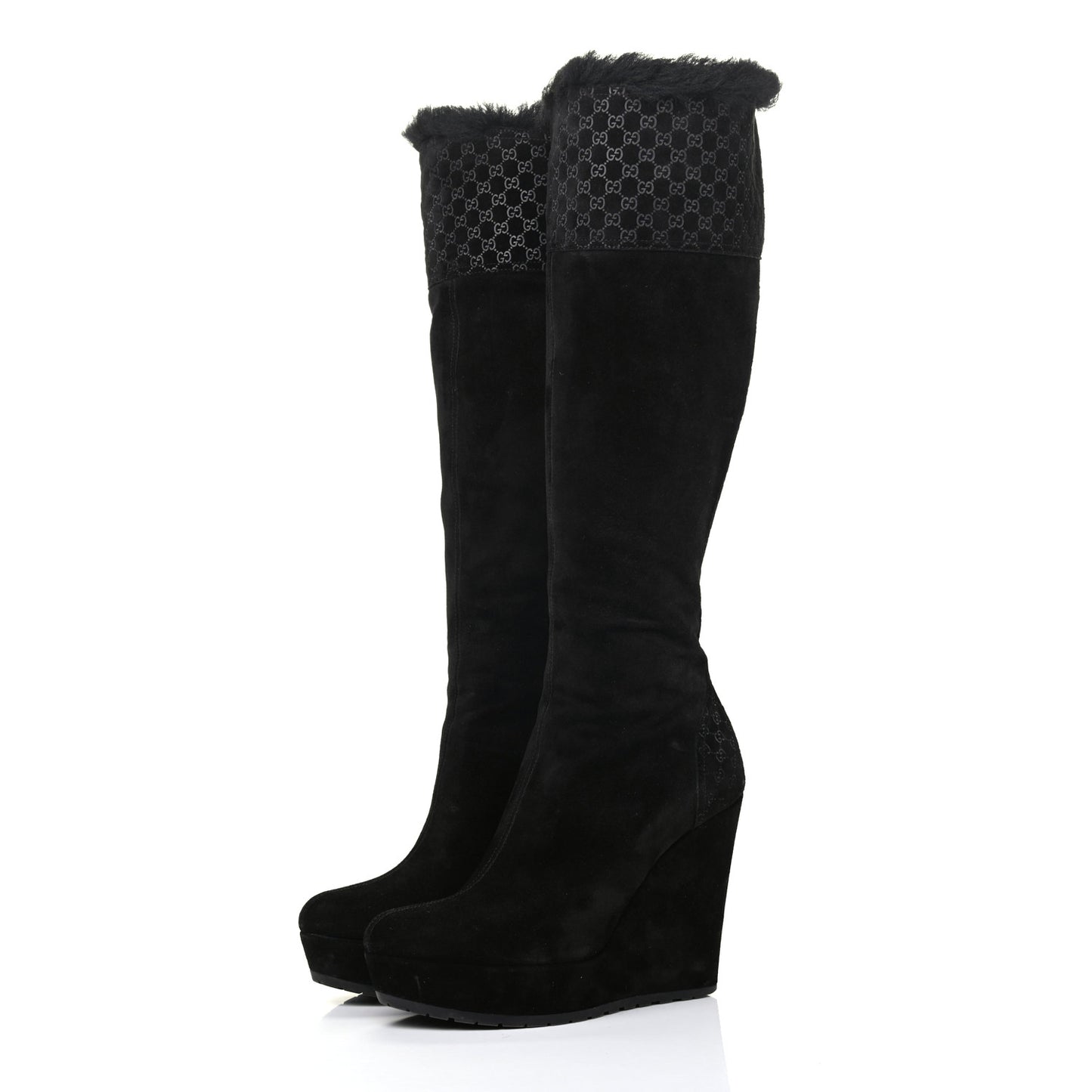 Suede Shearling Fur Microguccissima Courtney Tall Wedge Boots 36 Black