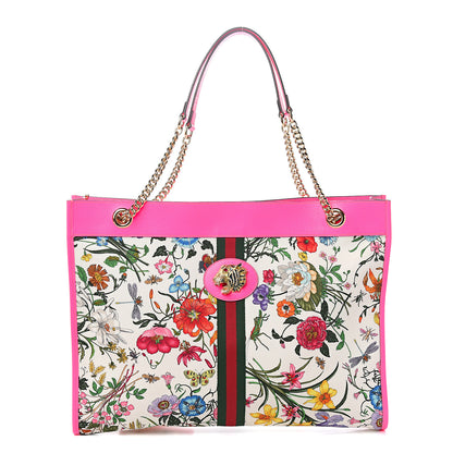 Gucci Canvas Flora Large Rajah Chain Tote White Multicolor Fuxia Fluo 2 of 10