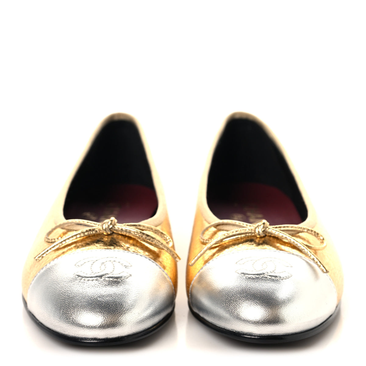 Chanel Metallic Crackled Laminated Calfskin CC Cap Toe Ballerina Flats 37.5 Gold Silver 3 of 10