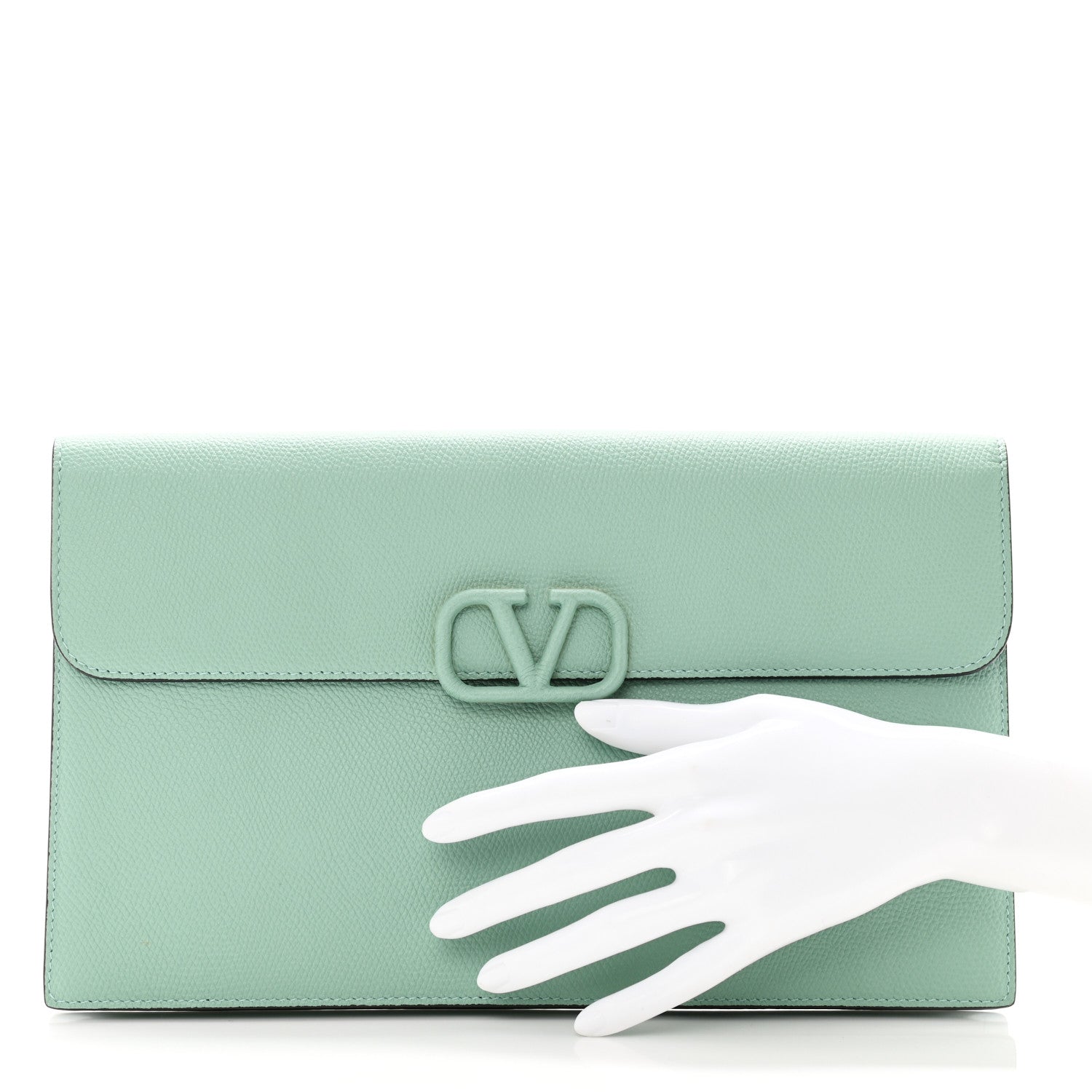 Valentino Garavani Grainy Calfskin Large Vlogo Clutch Water Green 2 of 7