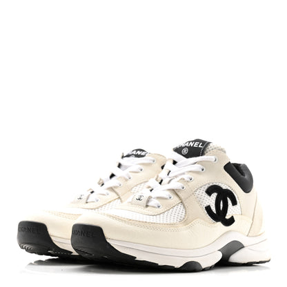 Chanel Mesh Suede Calfskin Grained Calfskin Womens CC Sneakers 38 White Black 7 of 22