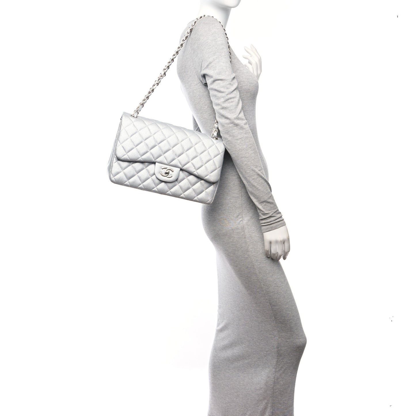 Metallic Perforated Lambskin Quilted Jumbo Double Flap Light Silver