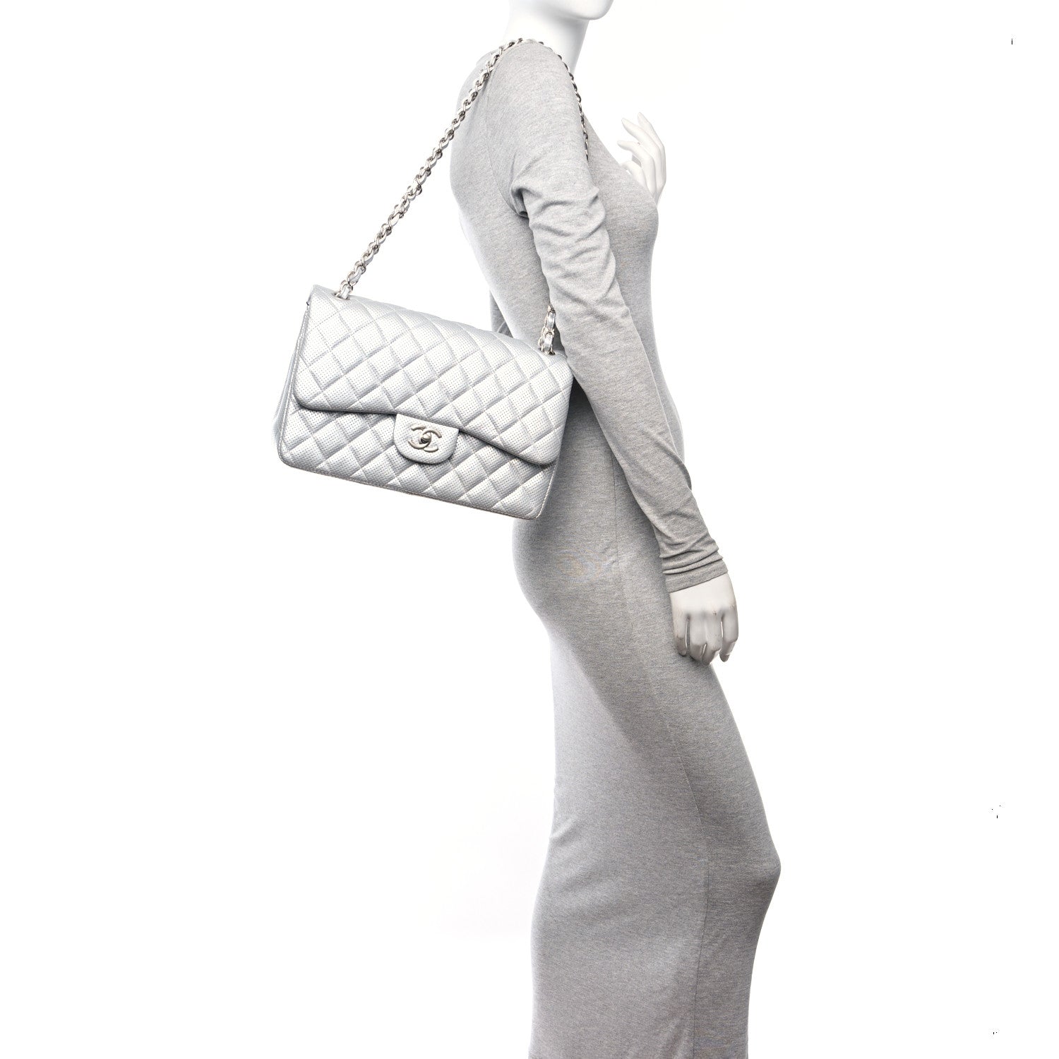 Chanel Metallic Perforated Lambskin Quilted Jumbo Double Flap Light Silver 2 of 12