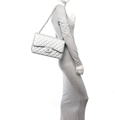 Chanel Metallic Perforated Lambskin Quilted Jumbo Double Flap Light Silver 2 of 12