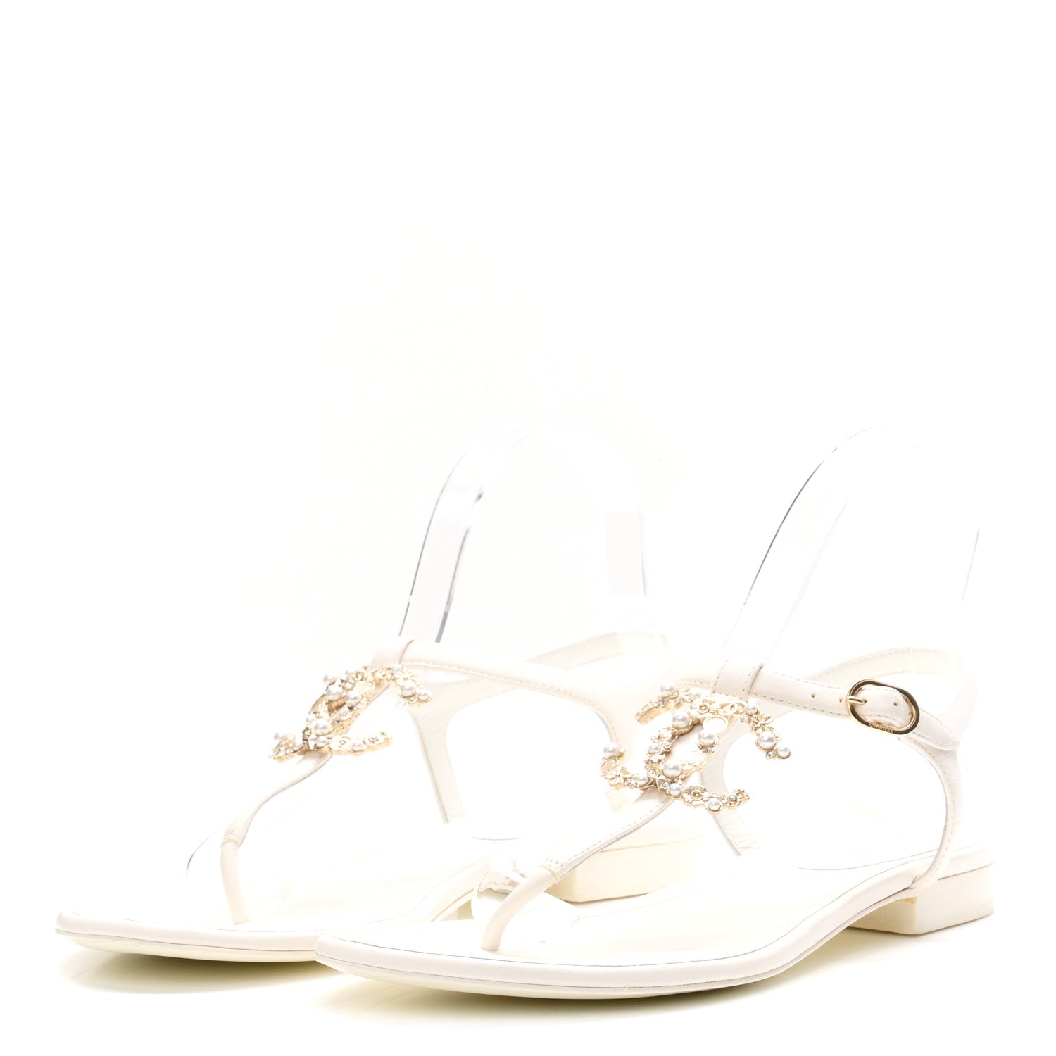 Chanel Lambskin Pearl Crystal CC Thong Sandals 39 White 4 of 9