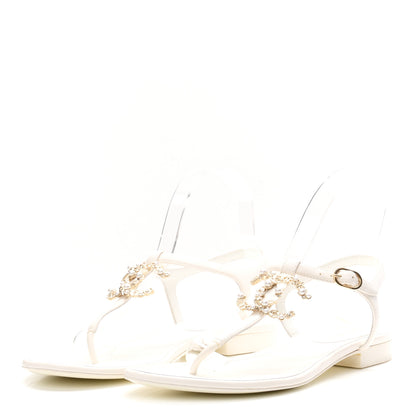 Chanel Lambskin Pearl Crystal CC Thong Sandals 39 White 4 of 9