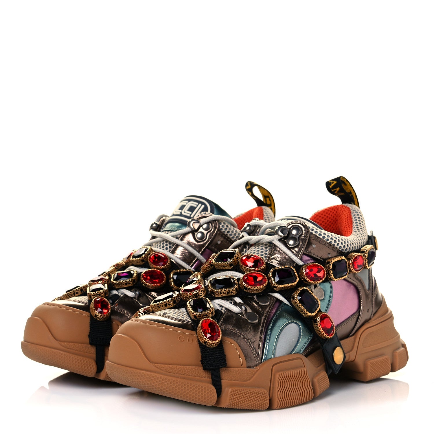 Gucci X SEGA Metallic Calfskin Mesh Removable Crystals Womens Flashtrek Sneakers 37 Rame Mystic White Lago 3 of 7