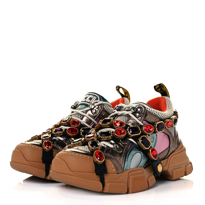 Gucci X SEGA Metallic Calfskin Mesh Removable Crystals Womens Flashtrek Sneakers 37 Rame Mystic White Lago 3 of 7