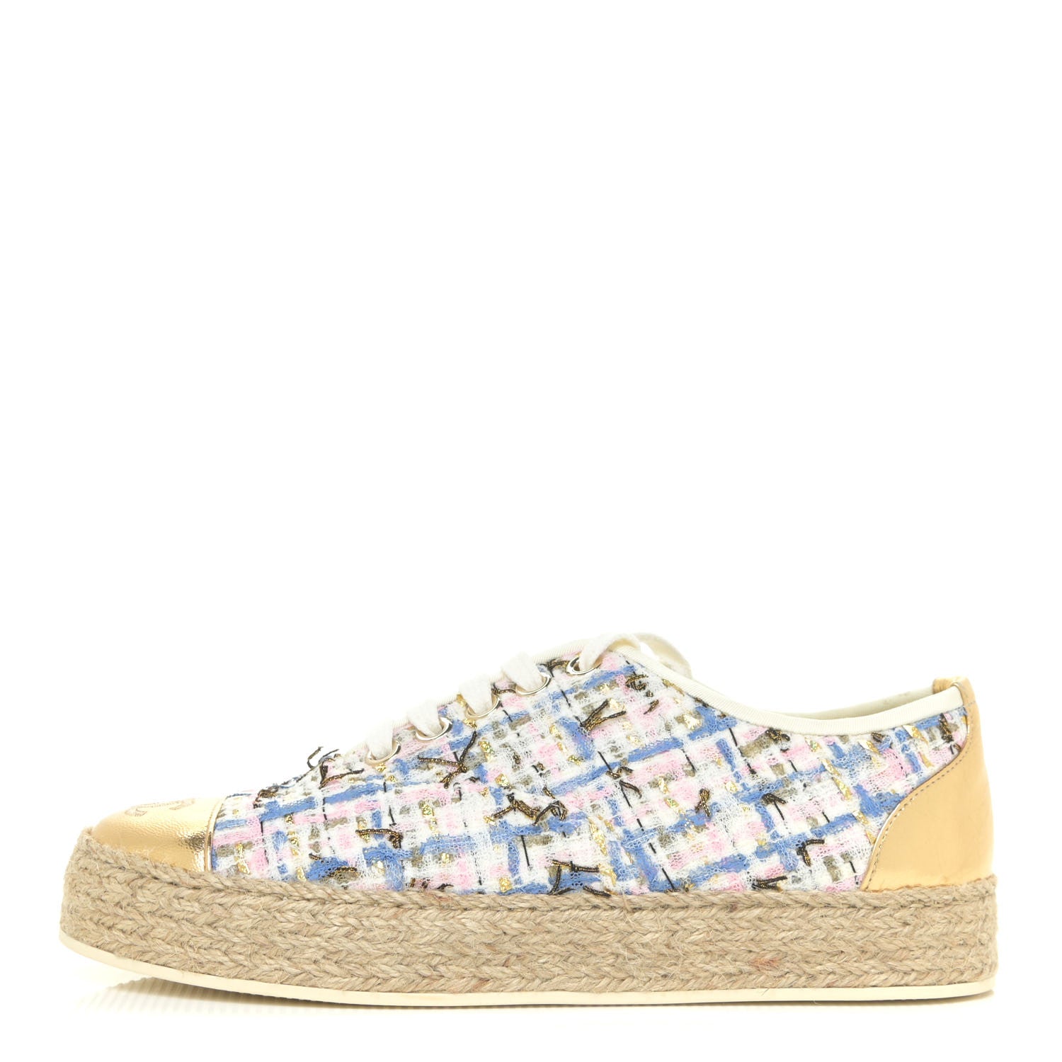 Chanel Tweed Laminated Lambskin Lace Up Espadrilles 35 Pink Blue Gold White 1 of 13