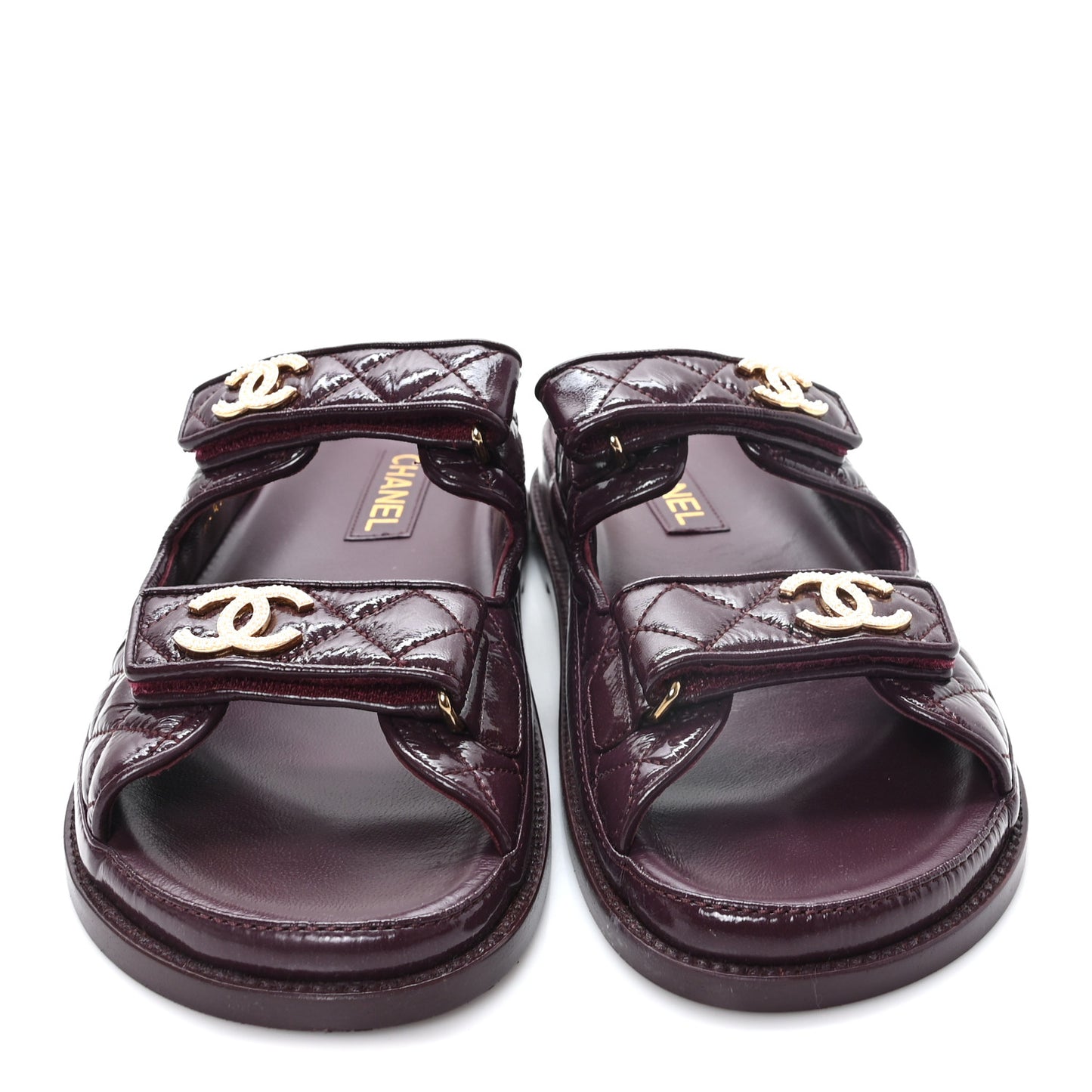 Shiny Calfskin Quilted Velcro Dad Pearl CC Slide Sandals 41 Burgundy