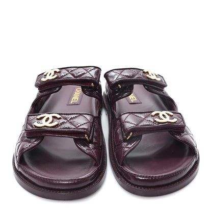 Chanel Shiny Calfskin Quilted Velcro Dad Pearl CC Slide Sandals 41 Burgundy 3 of 10
