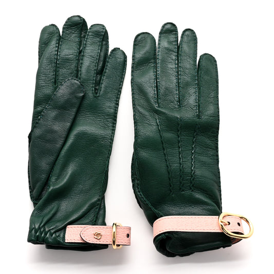 Calfskin Gloves With Buckle M Green Pink