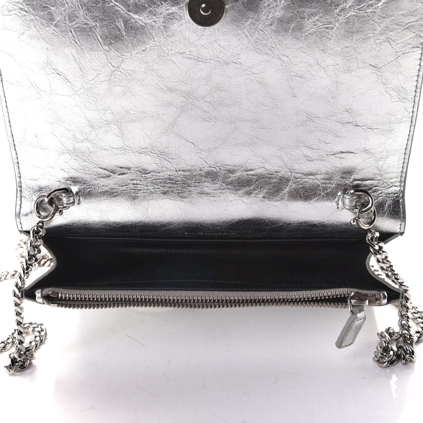 Metallic Crackled Calfskin Kate Monogram Tassel Chain Wallet Argento