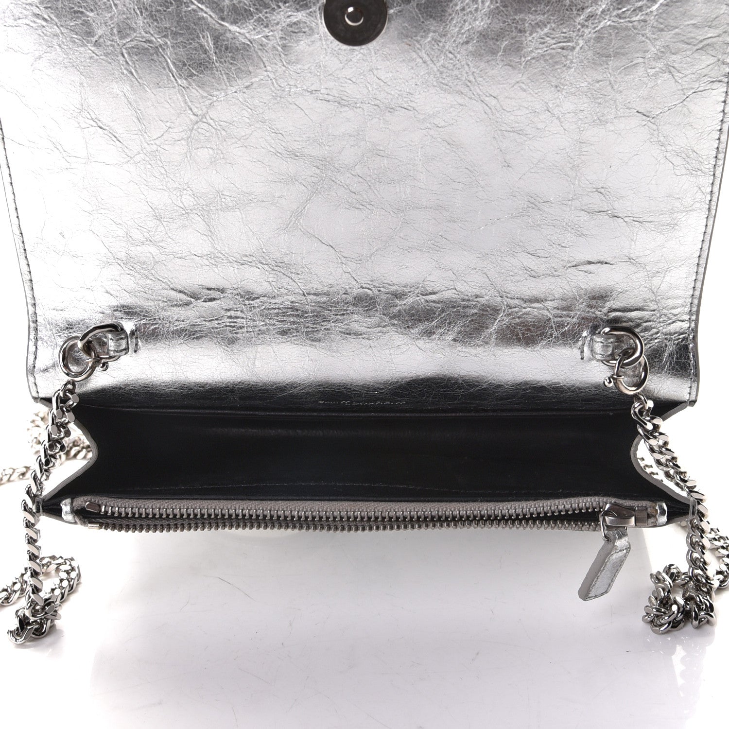 Saint Laurent Metallic Crackled Calfskin Kate Monogram Tassel Chain Wallet Argento 7 of 7
