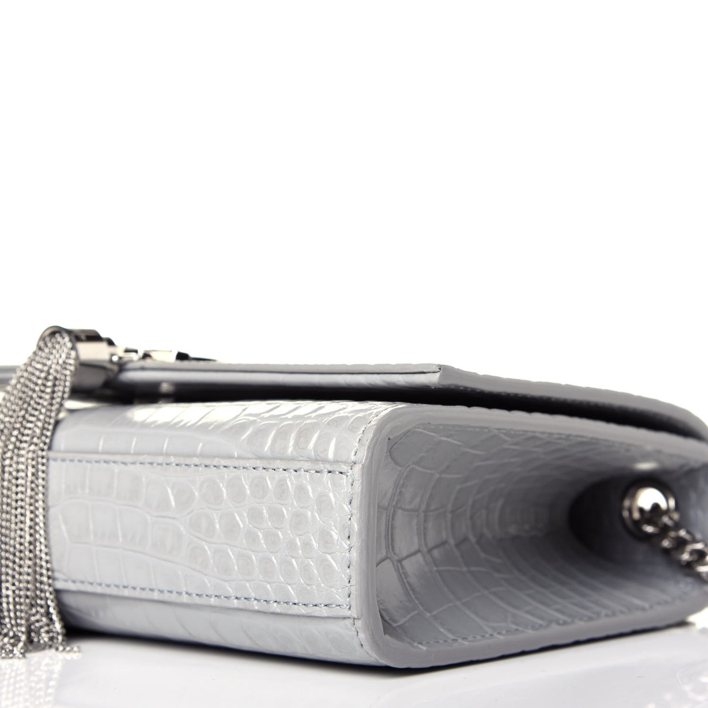 Croc Calfskin Embossed Small Classic Monogram Kate Tassel Satchel Mouse Grey