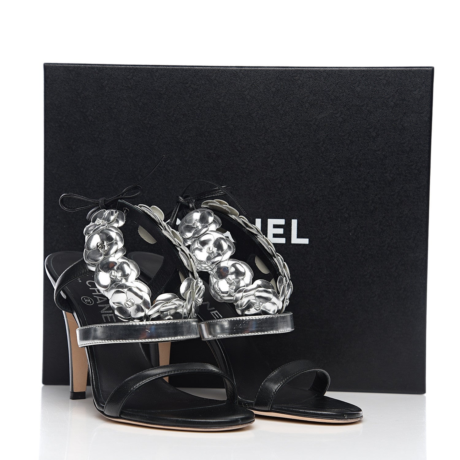 Chanel Lambskin Patent Camellia Ankle Strap Sandals 38 Black 9 of 9