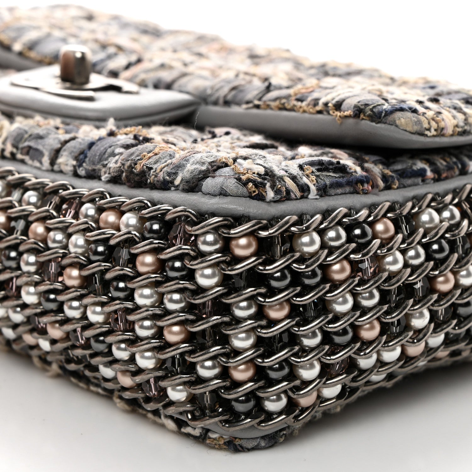Chanel Tweed Quilted Mini Side Pearl Flap Bag Grey 1564156