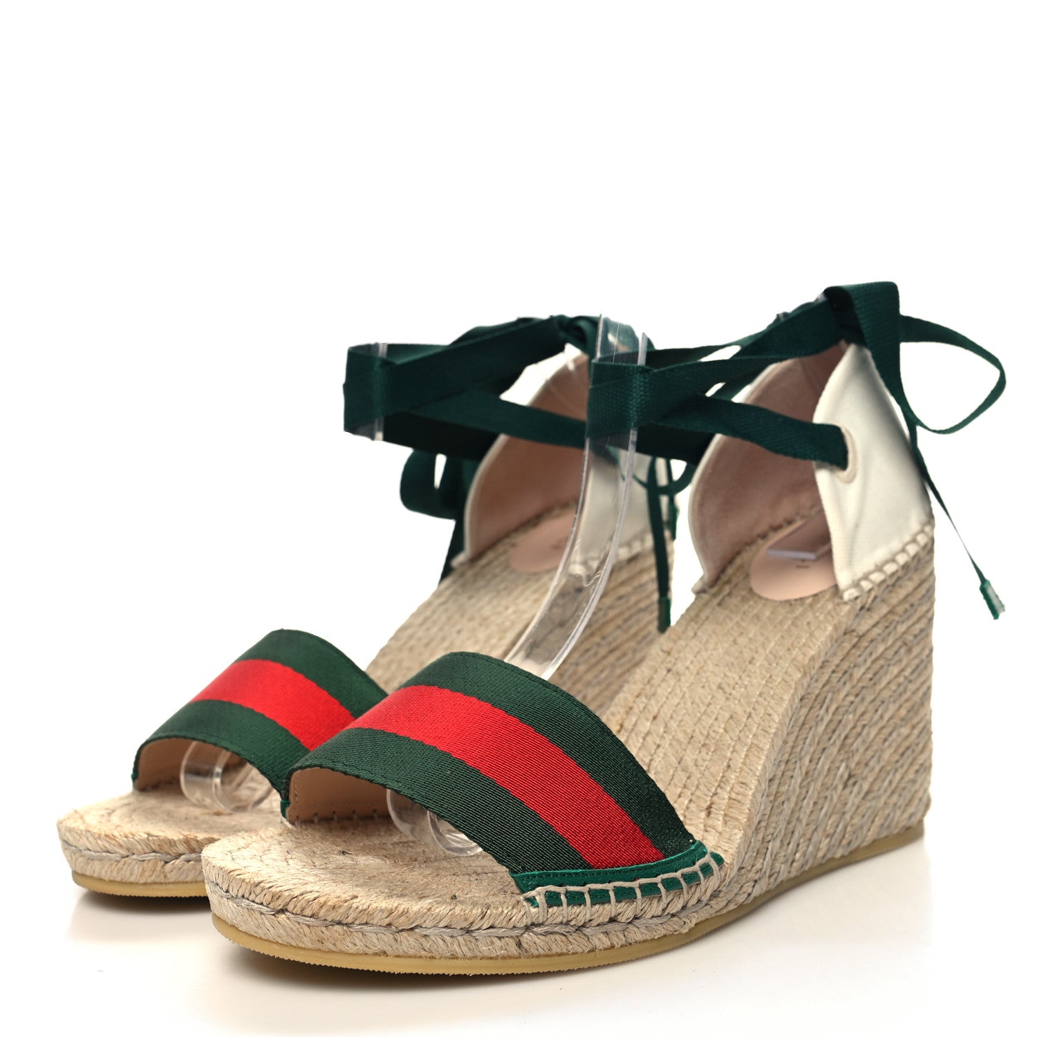 Gucci Canvas Malaga Kid Web Ankle Wrap Espadrille Wedge Sandals Mystic 42 Green Red Mystic White Emerald 3 of 10