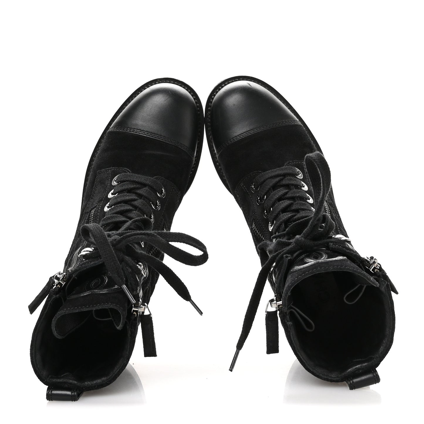 Suede Calfskin Quilted Lace Up Combat Boots 37 Black