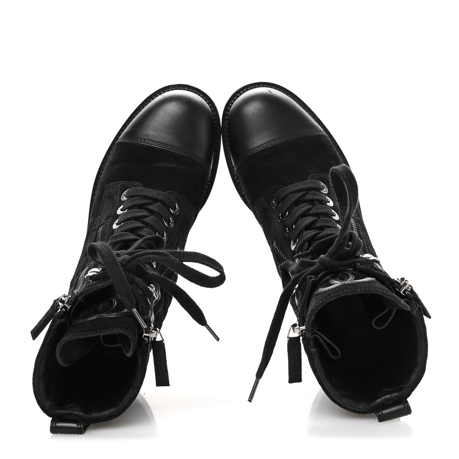 Chanel Suede Calfskin Quilted Lace Up Combat Boots 37 Black 2 of 9