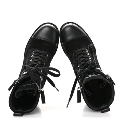 Chanel Suede Calfskin Quilted Lace Up Combat Boots 37 Black 2 of 9