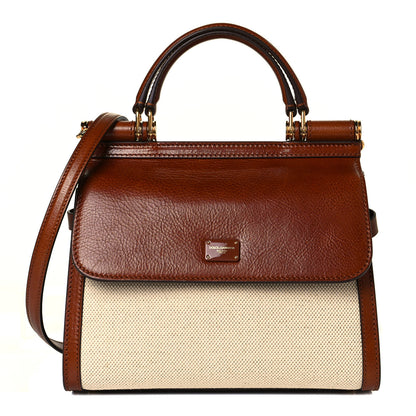 Dolce & Gabbana Canvas Calfskin Small Sicily 58 Satchel Brown Beige 1 of 11