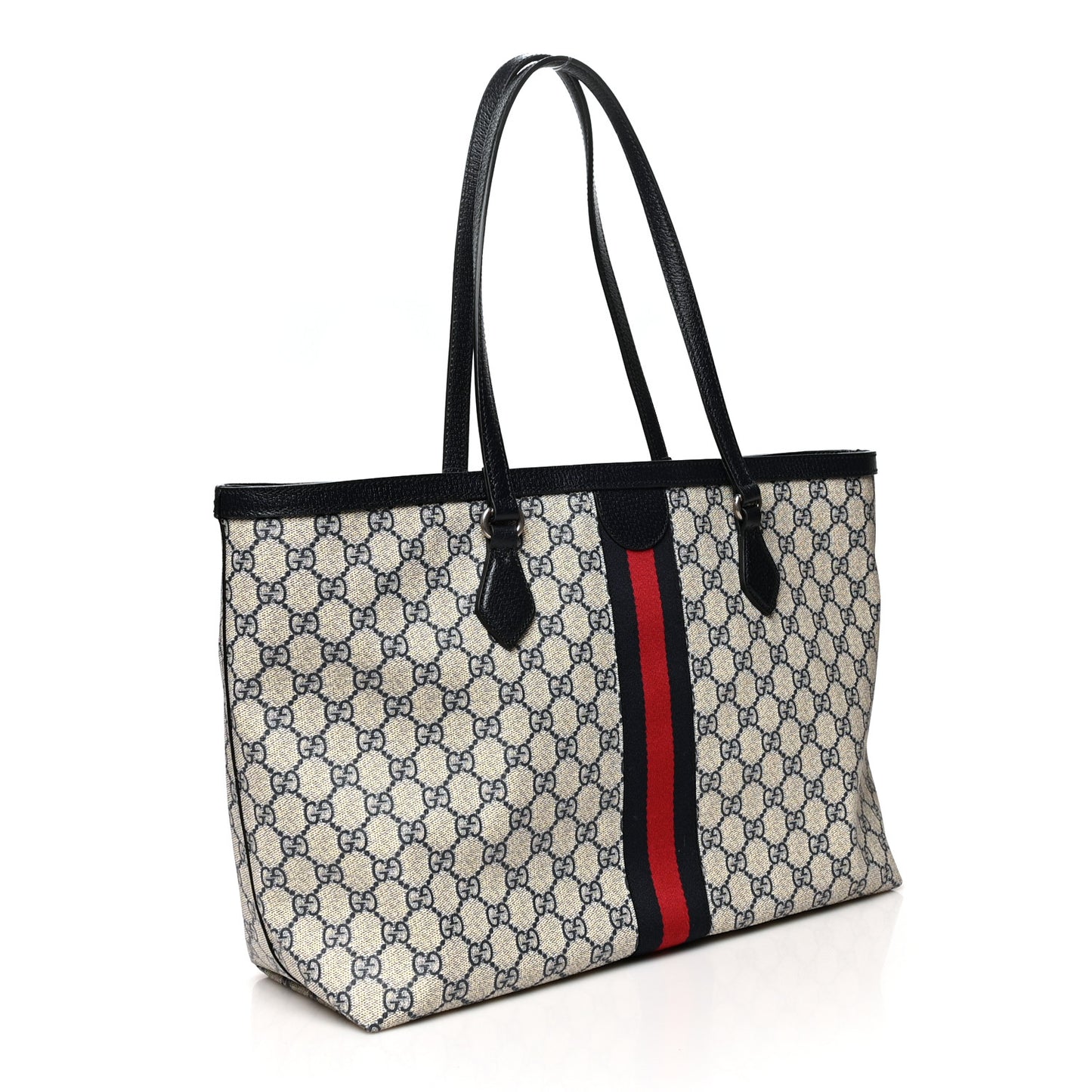 GG Supreme Monogram Textured Calfskin Web Medium Ophidia Shopping Tote Beige Blue