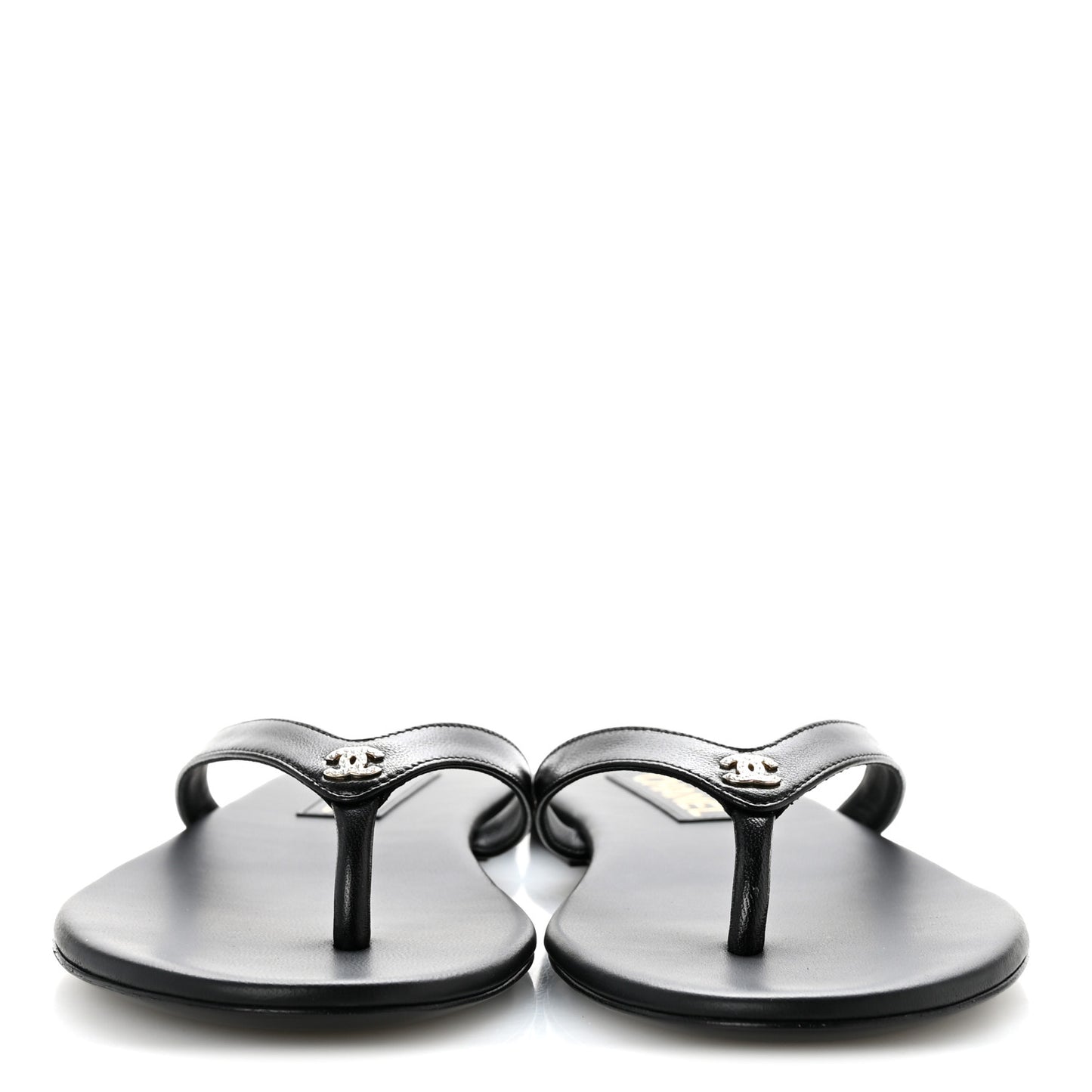 Shiny Lambskin Crystal CC Thong Sandals 37 Black 39.5 Black