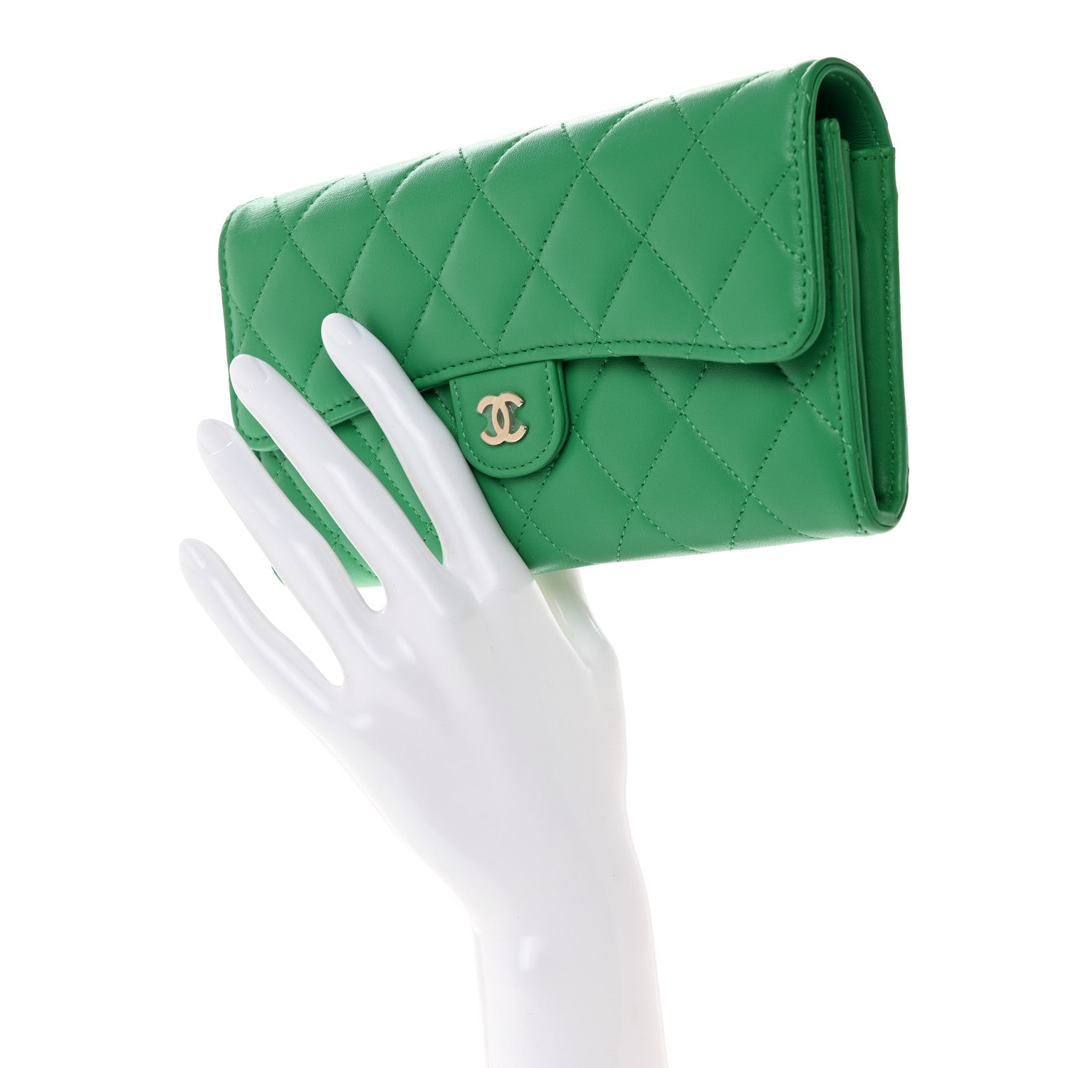 Chanel Lambskin Quilted Large Gusset Flap Wallet Green 2 of 8