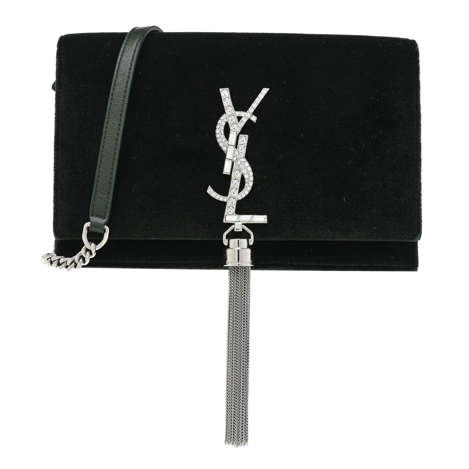 Saint Laurent Velvet Crystal Monogram Kate Tassel Chain Wallet Dark Green 1 of 20