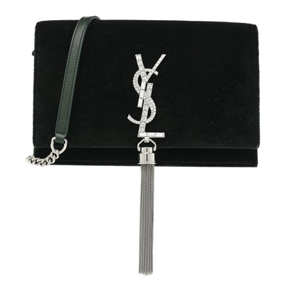 Saint Laurent Velvet Crystal Monogram Kate Tassel Chain Wallet Dark Green 1 of 20