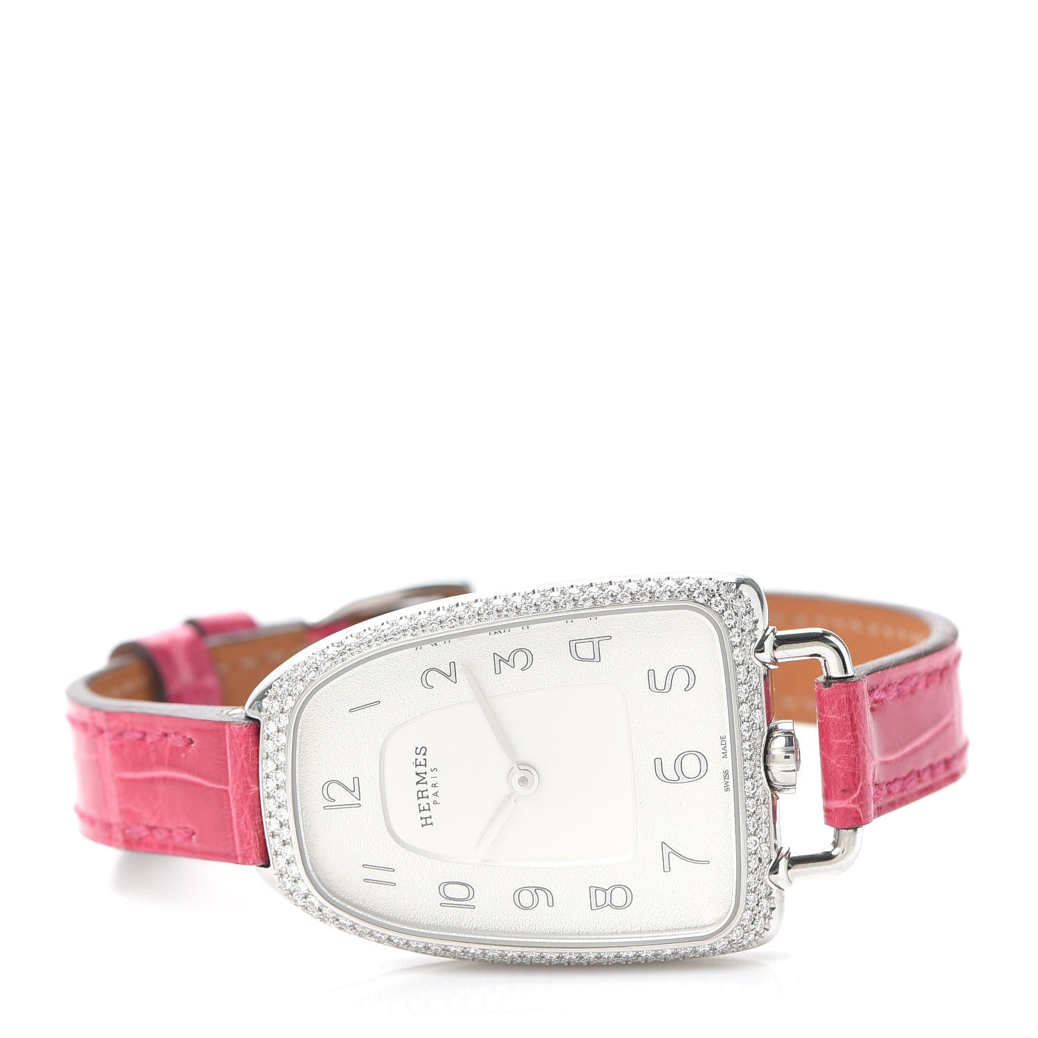 Hermes Stainless Steel Alligator Diamond Bezel 26mm Galop Quartz Watch Framboise 2 of 5