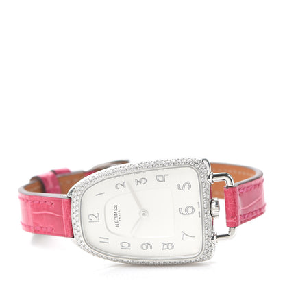 Hermes Stainless Steel Alligator Diamond Bezel 26mm Galop Quartz Watch Framboise 2 of 5
