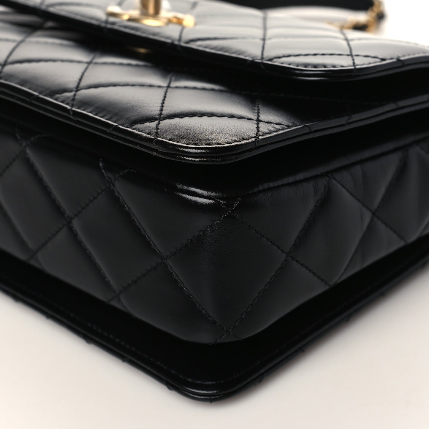 Shiny Calfskin Quilted Small Chain Top Handle Flap Black