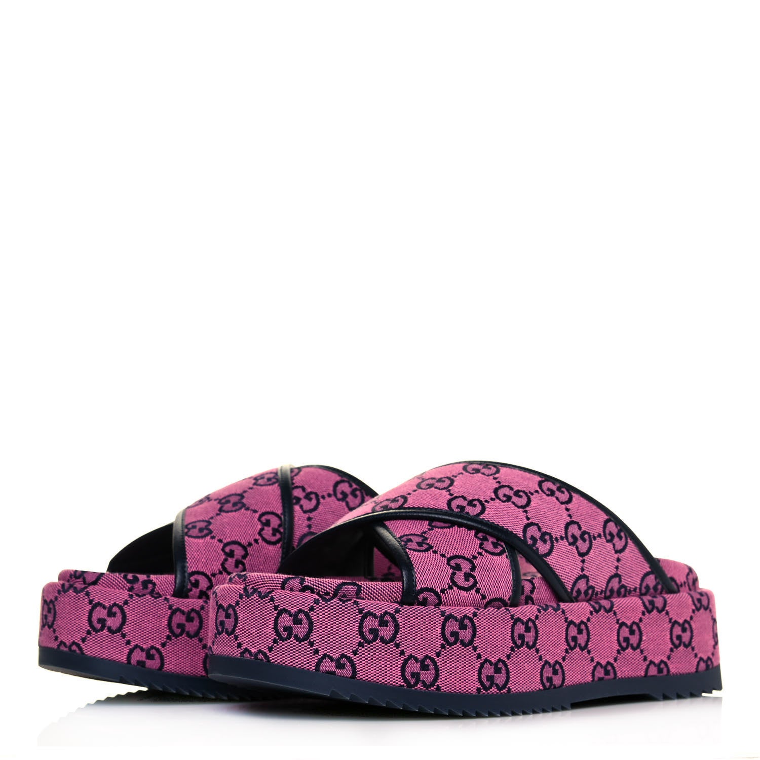 Gucci Monogram Multicolor Criss Cross Platform Slide Sandals 37 Pink Blue 3 of 9