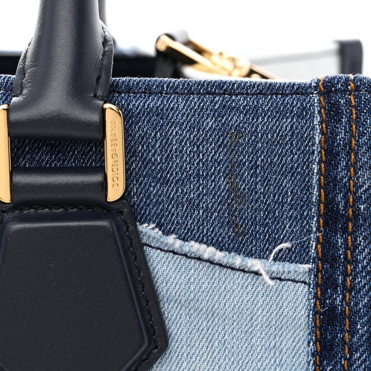 Calfskin Denim Patchwork Logo Shopper Tote Blue