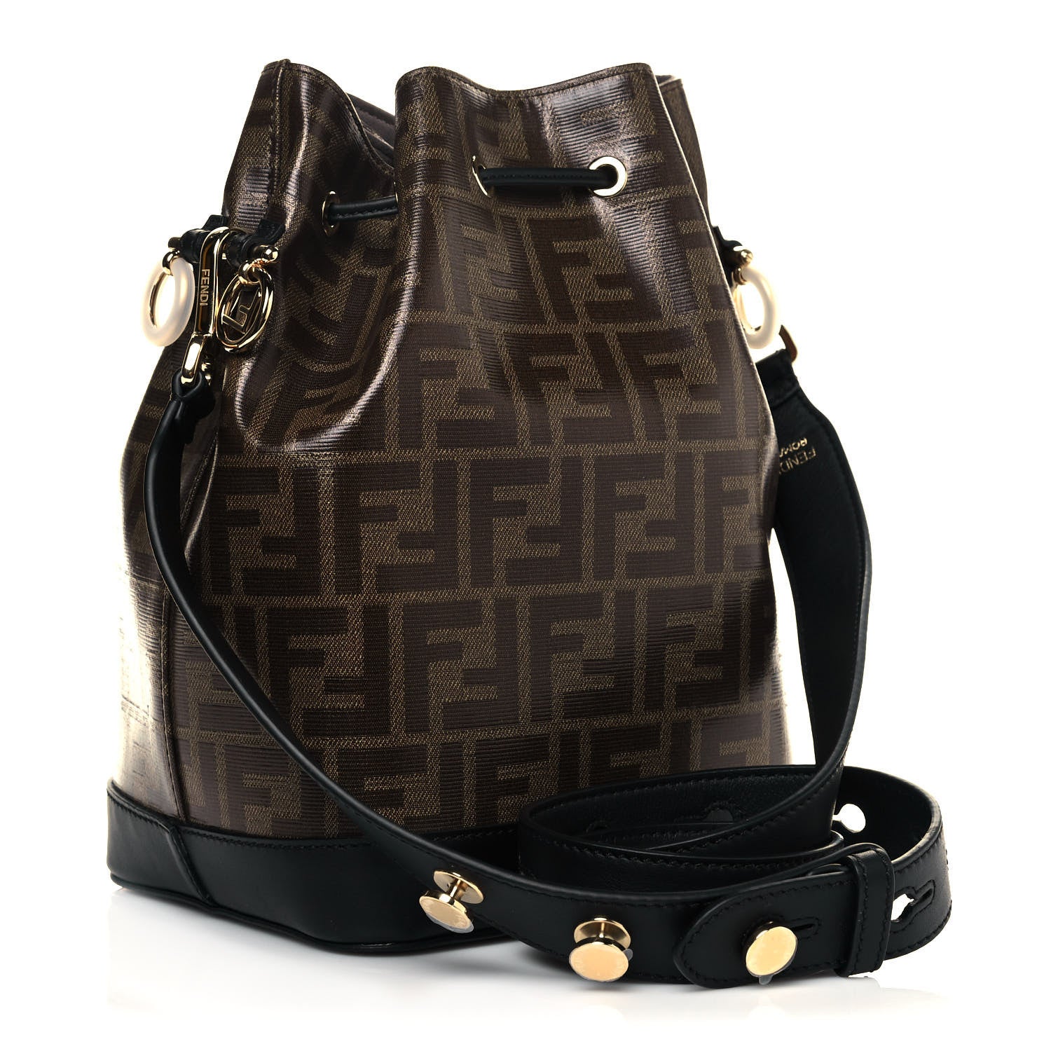 Fendi Glazed Fabric Vitello Grace F is Fendi FF 1974 Stamp Patch Grande Mon Tresor Bucket Bag Mogano Panna Black 3 of 10