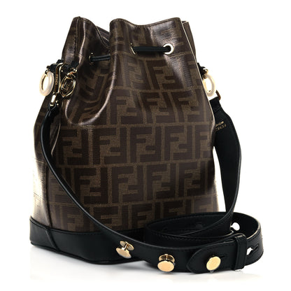 Fendi Glazed Fabric Vitello Grace F is Fendi FF 1974 Stamp Patch Grande Mon Tresor Bucket Bag Mogano Panna Black 3 of 10