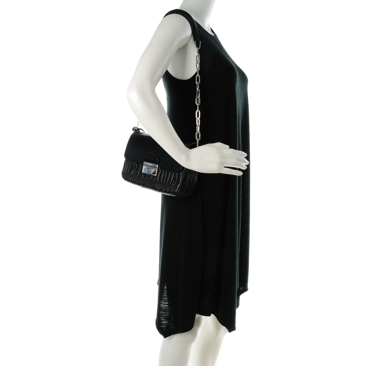 Nappa Gaufre Sound Chain Flap Shoulder Bag Black