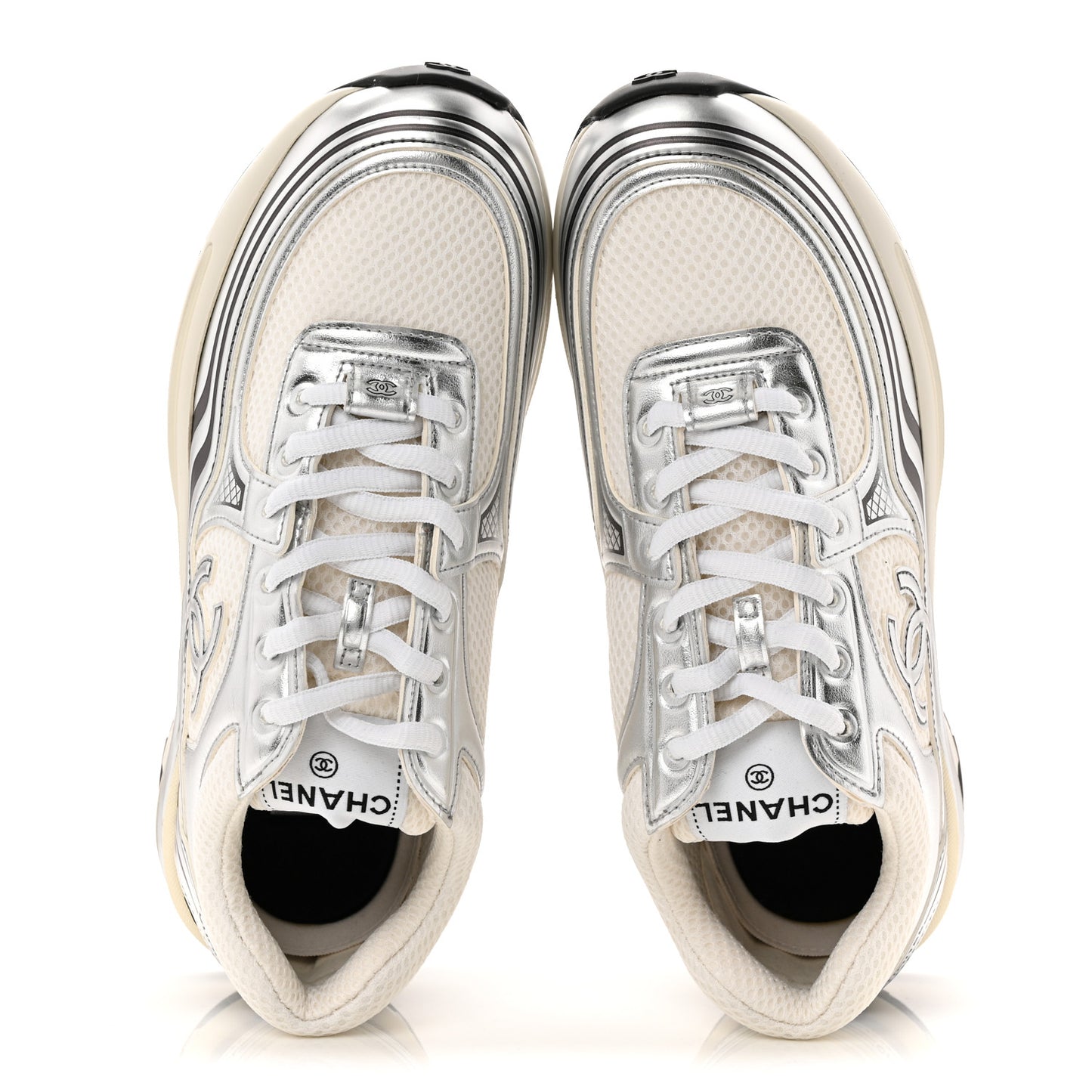 Fabric Laminated Calfskin Stretch CC Womens Sneakers 37.5 White Silver