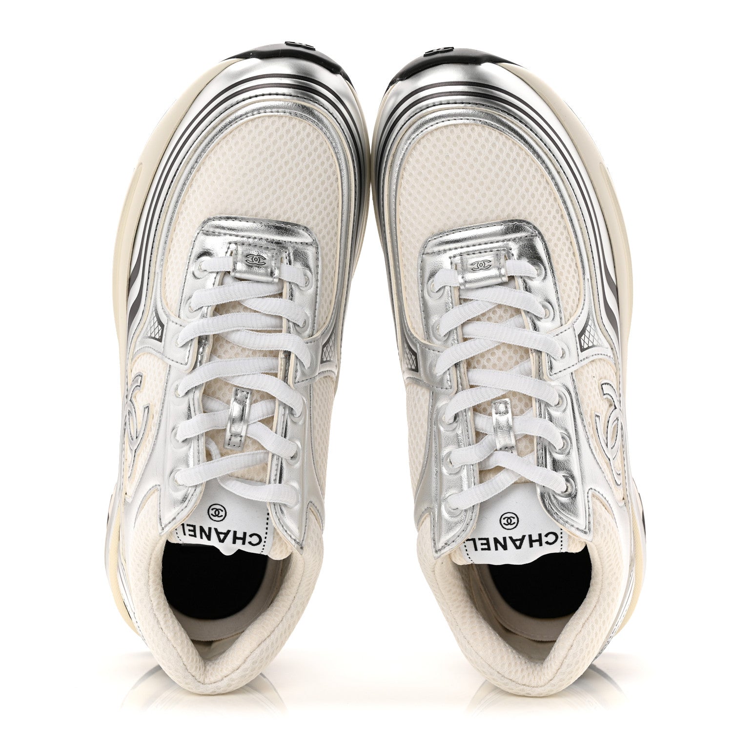 Chanel Fabric Laminated Calfskin Stretch CC Womens Sneakers 37.5 White Silver 2 of 9