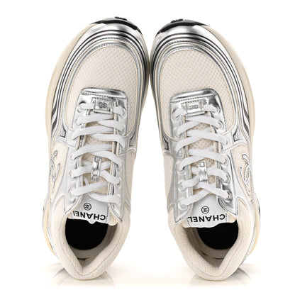 Chanel Fabric Laminated Calfskin Stretch CC Womens Sneakers 37.5 White Silver 2 of 9