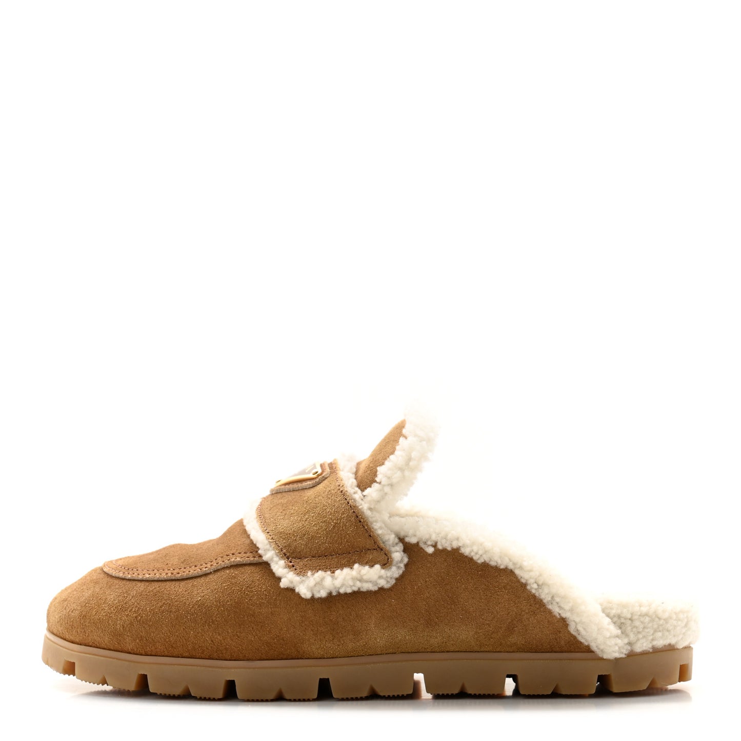 Suede Shearling Metal Triangle Logo Lug Sole 20mm Mules 38 Beige