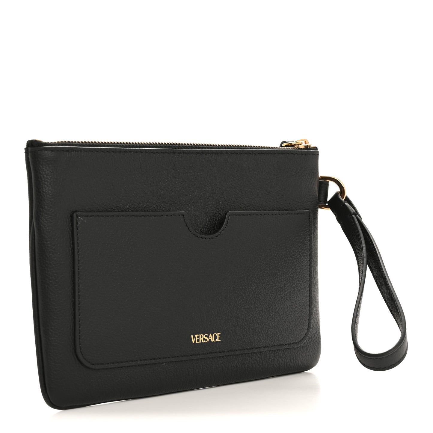 Grained Calfskin Medusa Wrist Zip Pouch Black