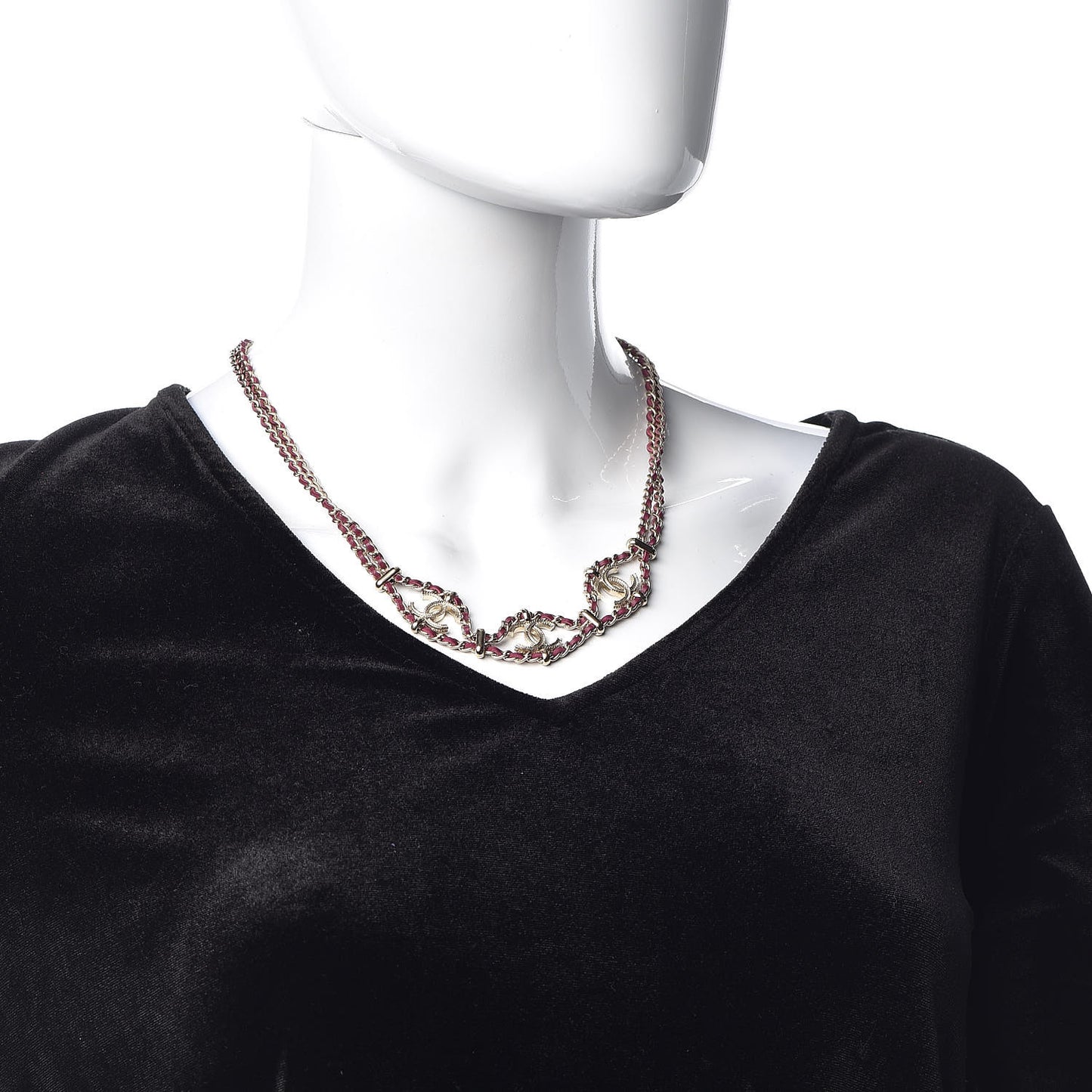 Metal Lambskin CC Chain Link Necklace Gold Burgundy